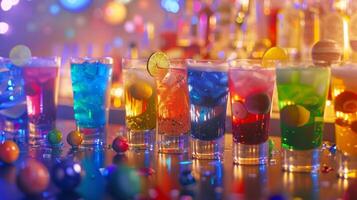 A mocktail bar is set up with different colored drinks representing various planets and celestial bodies photo