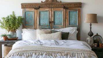 A discarded wooden door is now a stunning headboard with intricate wood carving and a fresh coat of paint photo