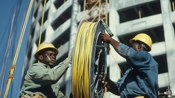 un equipo de electricistas desenrollando un grande carrete de cable como ellos preparar a alimentar eso dentro el paredes de un de varios pisos edificio foto