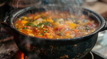 A closeup of a bubbling cauldron on a stovetop filled with a simmering concoction of herbs and fruits photo