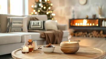 A warm and inviting living room with a diffuser releasing the comforting scent of cedarwood and cinnamon creating a cozy and welcoming atmosphere photo