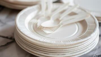 A stack of paper plates and plastic utensils ready to be used for the picnic photo