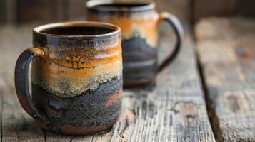 A set of handcrafted mugs featuring rough uneven edges and a glaze that resembles the rugged surface of a mountain. photo