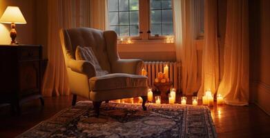 In the corner of the room a solitary armchair is surrounded by flickering candles offering a peaceful and serene spot for reading. 2d flat cartoon photo