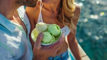 A couple enjoying a romantic moment on the dock sharing a bowl of zesty lime sorbet photo