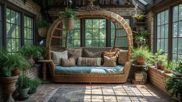 An elegant builtin birdcage in the corner of a sunroom surrounded by plants and natural light providing a peaceful retreat for feathered friends photo