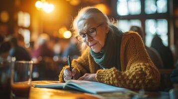 As the sun sets over the horizon a group of seniors share their written works at a retirement writing retreat celebrating their newfound literary skills photo