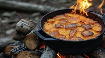 A rustic campfire sweet potato cerole cooked until golden brown and crispy on the outside while still tender and creamy on the inside. The flickering flames of the fire ad photo