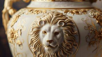un real porcelana florero adornado con grabados de león cabezas representando fuerza y gracia. foto