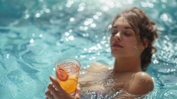 después un caliente sauna sesión un mujer apaga su sed con un refrescante infusión de frutas agua por el piscina. foto