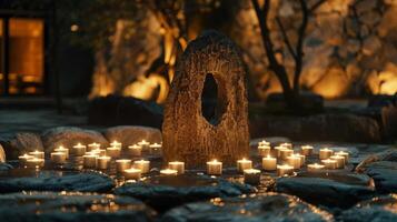 The scent of burning wood fills the air as a ring of candles encircles a striking stone sculpture creating a peaceful and intimate aura. 2d flat cartoon photo