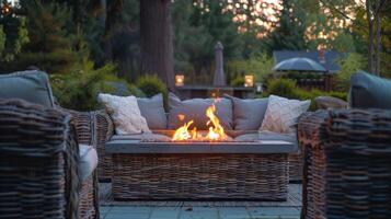 A plush outdoor sofa facing the glowing flames of the fire pit creating a romantic setting. 2d flat cartoon photo