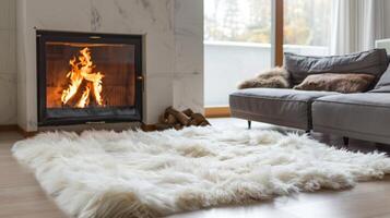 A fluffy white rug adds a touch of softness to the room contrasting with the sharp lines of the fireplace. 2d flat cartoon photo