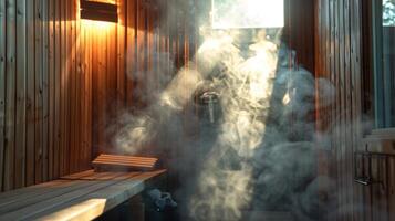 The sauna door slightly ajar with rays of sunlight streaming in and highlighting the steam. photo