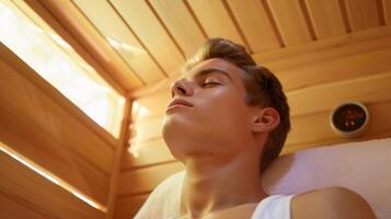 un estresado fuera estudiante incorporando el sauna dentro su estudiar descanso rutina para relajación. foto