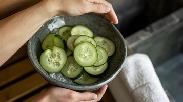 un mano alcanza fuera a agarrar un Fresco Pepino rebanada desde un cuenco siguiente a un sauna Listo a sitio eso en su cara para un refrescante natural exfoliación tratamiento. foto