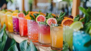 A row of colorful drink stations each offering a different type of mocktail made with fresh seasonal ingredients photo