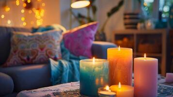 The soft warmth of a collection of colorful candles casting a gentle glow in a bohemianinspired living room. 2d flat cartoon photo