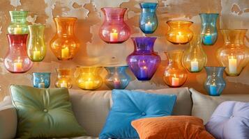 Vibrant and colorful a collection of handblown glass candle holders are artfully arranged on a wall adding a playful touch to the room. 2d flat cartoon photo