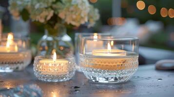 The delicate glassware and decorative accents catch the soft light of the candles adding a touch of sparkle and glamour to the patio. 2d flat cartoon photo