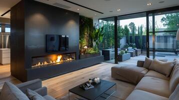 The fireplace is a true statement piece with its sleek metal frame and builtin herb garden creating a cozy and inviting ambiance in the room. 2d flat cartoon photo