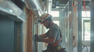 dentro el edificio un equipo de técnicos trabajo juntos a Instalar en pc conductos para el hvac sistema foto