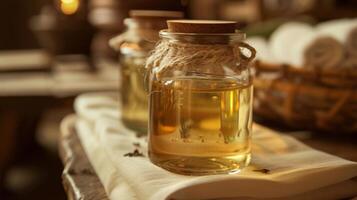 A jar of fragrant herbal oil used to massage the body before and after the sauna and herbal wrap treatment. photo