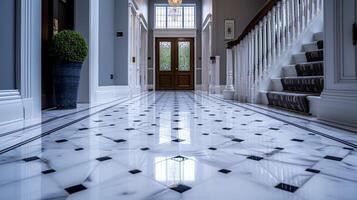 An image focusing on the intricate grout pattern on a tiled foyer floor highlighting the precision and skill required to achieve such a flawless result photo