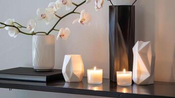 These geometric candles in varying sizes and shapes create a dynamic and visually intriguing display on the sleek console table. 2d flat cartoon photo