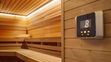 A wallmounted thermometer in the sauna displaying the temperature for participants to monitor and adjust accordingly. photo