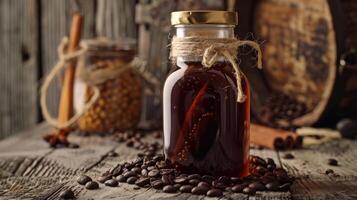 A jar of homemade coffee syrup made with a unique blend of es and natural sweeteners photo