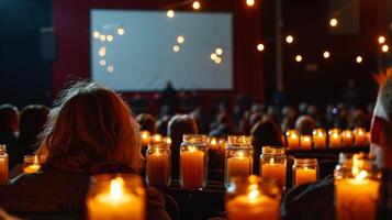 The screen is flanked by large candles in mason jars casting a warm glow across the faces of the audience. 2d flat cartoon photo