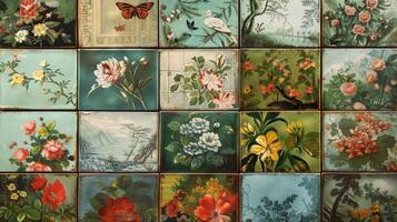 A collection of handpainted ceramic tiles depicting scenes of nature such as blooming flowers and lush forests. photo