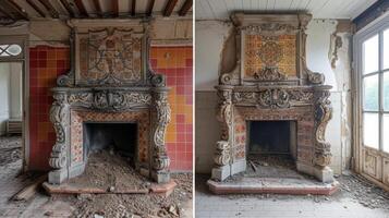 un maravilloso antes y después de imagen demostración el transformación de un deteriorado hogar en un histórico estilo tudor hogar con pintado a mano losas y florido de madera tallas No foto