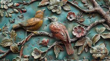 An image of a finished tile depicting natureinspired elements such as flowers leaves and birds in raised relief giving the impression of a threedimensional scene. photo