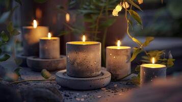 The industrialchic aesthetic of the concrete holders adds a unique and edgy touch to the traditional concept of candles. 2d flat cartoon photo