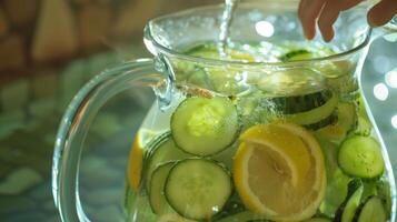 un persona preparando un grande lanzador de Pepino y limón infundido agua un popular elección para quedarse hidratado y refrescado en el sauna. foto