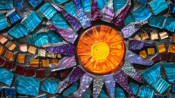 A mosaic sun catcher made from a mixture of ceramic tiles and stained glass with rays of blue purple and orange. photo