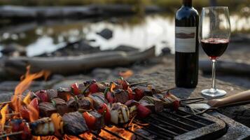 In the heart of the great outdoors an adventurous duo shares a romantic meal of fireroasted veggies succulent seafood skewers and tender venison medallions all prepared ove photo