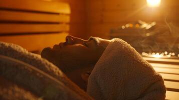 un persona tendido en un toalla en el sauna transpiración fuera toxinas y mejorando circulación. foto