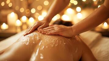 A person lying on their stomach receiving a back and shoulder massage during a reflexology session at the sauna. photo