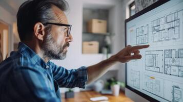 A homeowner consulting with an architect about a major renovation pointing to different design options displayed on a computer screen photo