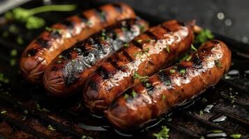 Perfectly charred grilled sausages glistening with droplets of juice and topped with a sprinkle of aromatic herbs photo