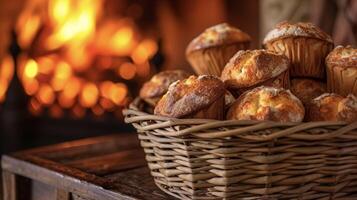 A delectable selection of muffins displayed in a wicker basket next to a roaring fire. The golden brown tops of the muffins are perfectly toasted giving off an irresistibl photo