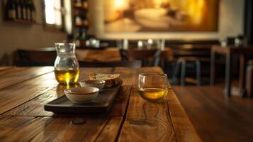 A tasting room filled with dark wooden tables each with a small dish of olive oil and a piece of crusty bread for dipping photo