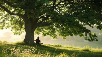 un solitario figura sentado debajo un árbol utilizando el tranquilo ajuste a reflejar y crear poesía ese habla a su alma foto