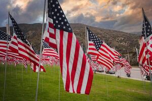 American Flags Fluttering in Wind Over California Hills photo