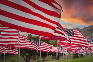 americano banderas revoloteando en puesta de sol cielo, California costa foto