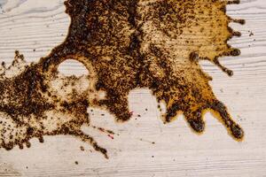 Coffee stains on white wooden table. Wood texture background. Big dark brown dramatic Splatter, fleck, splash, spot, drops of black coffee. Pattern, wallpaper. Top view. Closeup. Copy space. photo