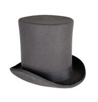 Magic hat. Topper. Elegant vintage gray beige wool felt top hat with black band. Grosgrain ribbon trim around rolled brim. Isolated on white background. Close-up. Copy space. Cut out. Clipping path. photo